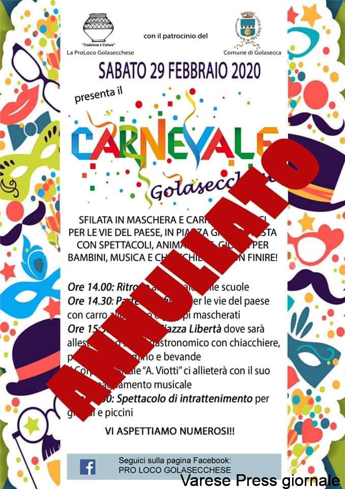 Golasecca annullato il Carnevale di Sabato 29 Febbraio